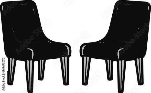 Two sleek, black armchairs with high backs and slim legs stand side by side