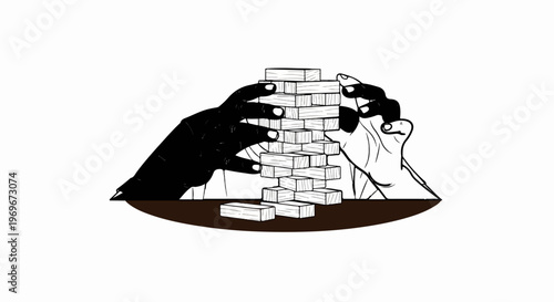 Two hands, one black, one white, play a block tower game