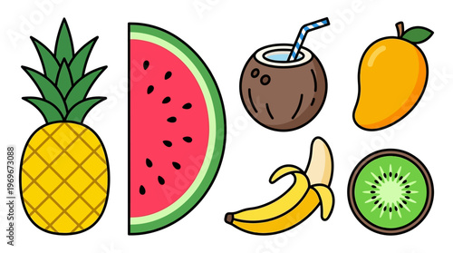 Colorful cartoon fruit icons including pineapple, watermelon, coconut, mango, banana, and kiwi