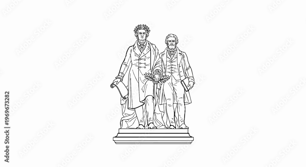 Fototapeta premium Two men in historical attire stand on a pedestal, one holding a scroll and laurel