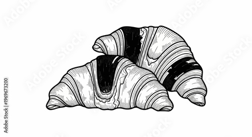 Two ink-drawn croissants with dark filling on a white background