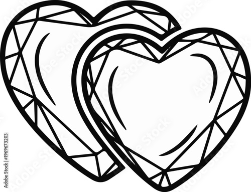 Two intertwined hearts depicted as faceted gemstones, outlined in bold black