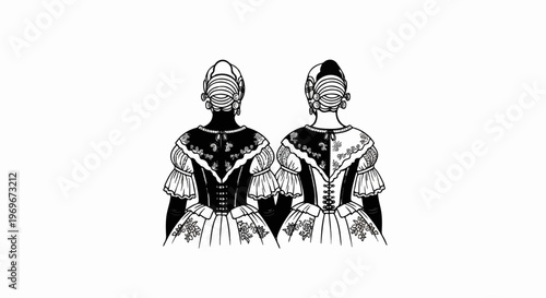 Two intricately decorated historical dresses, one black, one white