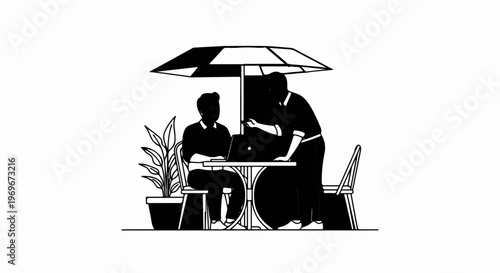 Two individuals collaborate outdoors under a striped umbrella at a table