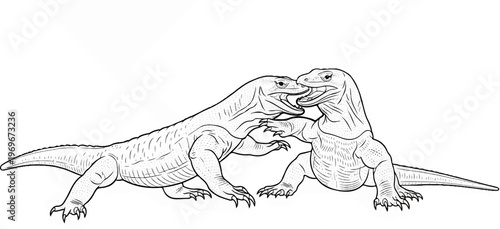 Two komodo dragons in a tense interaction with open mouths