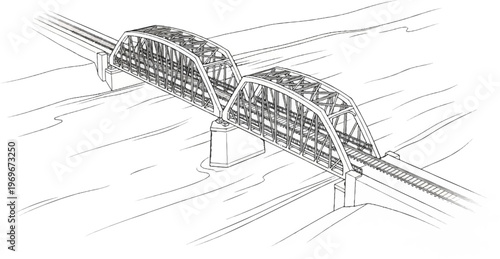 Two large truss railway bridges span a body of water