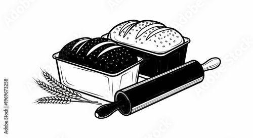 Two loaves of bread in baking pans with wheat stalks and a rolling pin