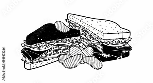 Two layered sandwiches with fillings and potato chips