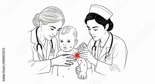 Two medical professionals examine a baby with red spots on its skin, one applying a swab
