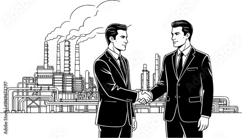 Two men in suits shake hands in front of a smoking industrial complex