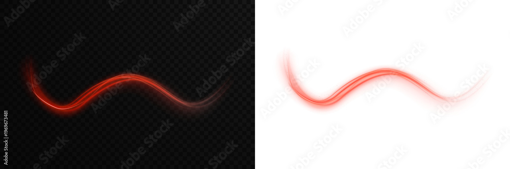 Obraz premium Semicircular red wave and light vortex. Abstract red light lines of movement. Neon glow flare and shiny red speed lines effect vector PNG background for creative projects.