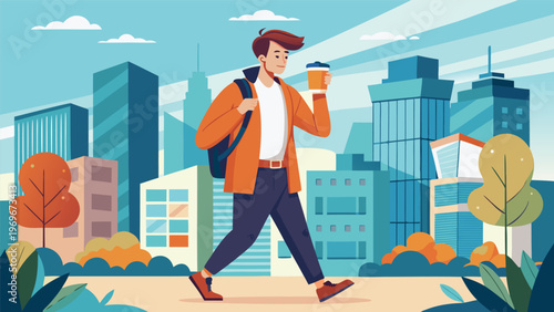 Man walks in city while holding coffee cup, enjoying the urban scene on a sunny day