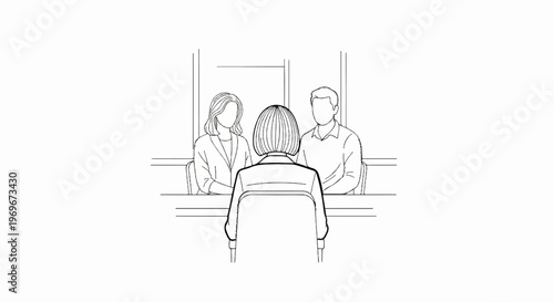 Two people interview a third person sitting in a chair, black and white sketch