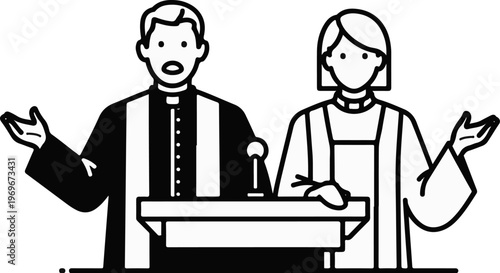 Two people in formal attire speak from a podium, gesturing with open hands