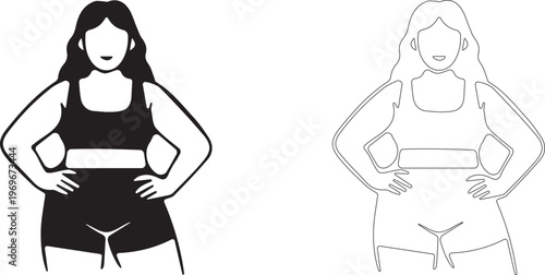 Overweight woman with hands on hips. Editable vector template.