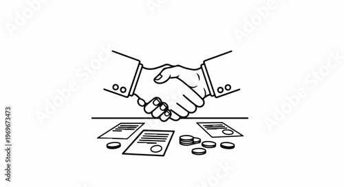 Two people shake hands over documents and coins, representing a business deal
