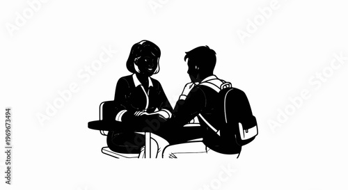 Two people sitting at a table, one wearing a backpack, in conversation