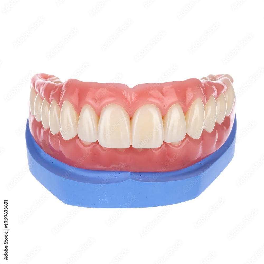 Obraz premium A dental denture model with artificial teeth on a blue base