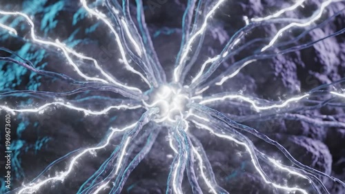 Neural network structure with glowing synapses and electric impulses connecting neurons in a dark environment, showcasing intricate biological details and dynamic energy flow