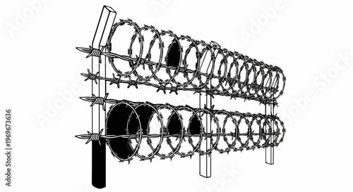 Two rows of razor wire coils on metal posts