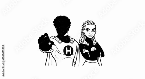 Two stylish heroes, one male with afro, one female with braids