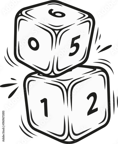 Two stylized dice stacked, showing numbers 0, 5, 6 and 1, 2