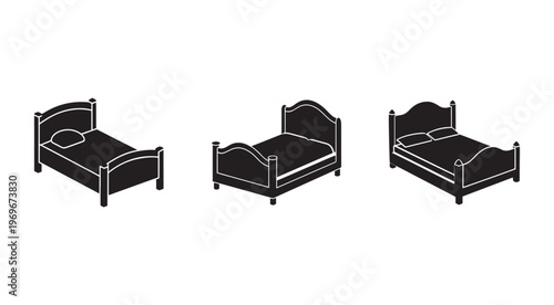 Three black and white illustrations of beds with different headboards and footboards  furniture for home interior design