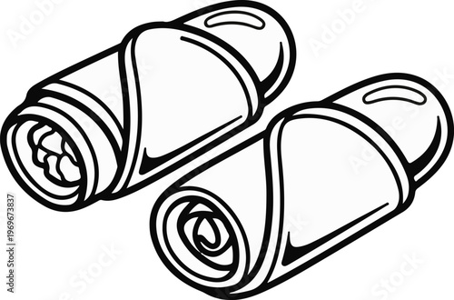 Two spring rolls presented with black outlines against a white background