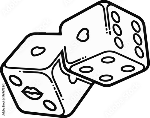 Two stylized dice, one with a mouth, interact in a game of chance
