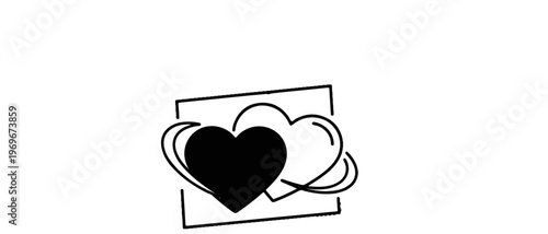 Two stylized hearts, one solid black, entwined and framed by simple lines