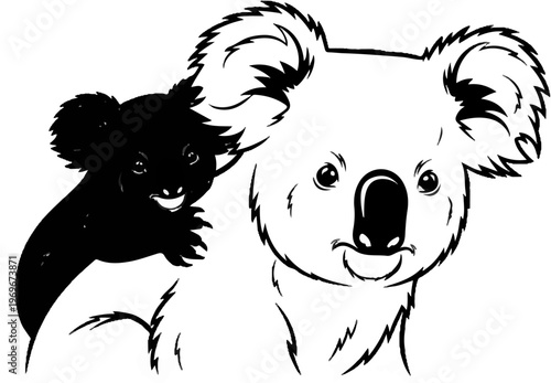 Two stylized koalas, one black silhouette, one outlined white, smile widely