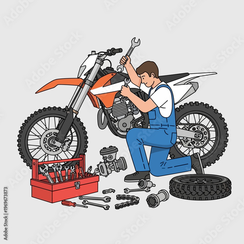 Mechanic repairing a dirt bike with tools, engine parts, and spare tire