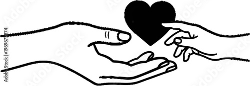 Two stylized hands exchange a solid black heart in a symbolic gesture of giving