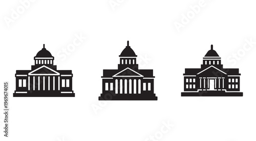 Three black and white illustrations of buildings with domes and columns  architectural icons