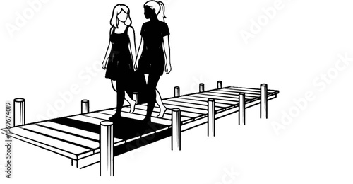 Two women walk on a wooden pier by the water