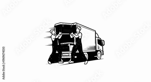 Two workers load a large item into the back of a delivery truck