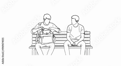 Two young men sit on a park bench, one looking into his bag