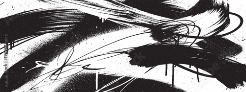 Energetic black spray paint brush strokes on white background with street art with paint splash background texture abstract art