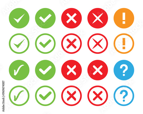 Set of tick mark in green and cross mark in red colour and stroke with white background, check and cross mark icon set. checkmark and x mark icon use for apps and website.