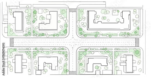Urban intersection with buildings and green spaces, overhead view
