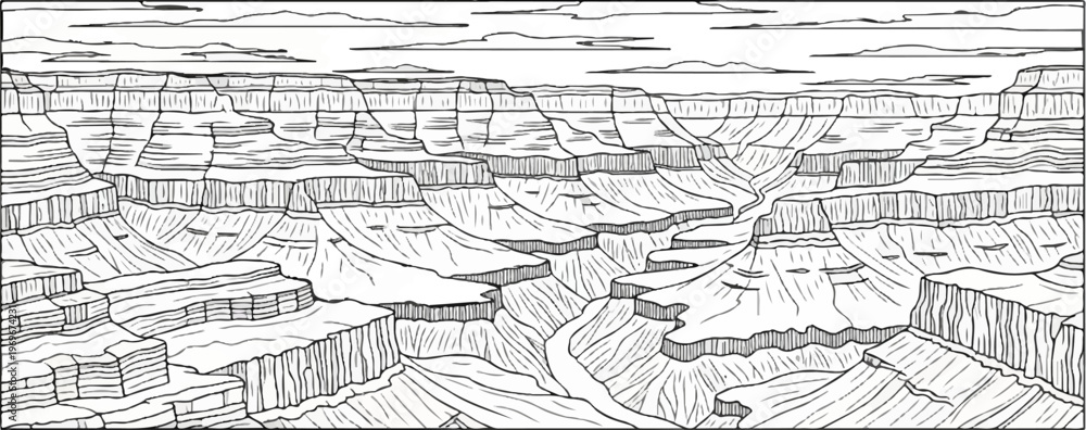 Obraz premium Vast canyon with layered rock formations carved by river, under cloudy sky