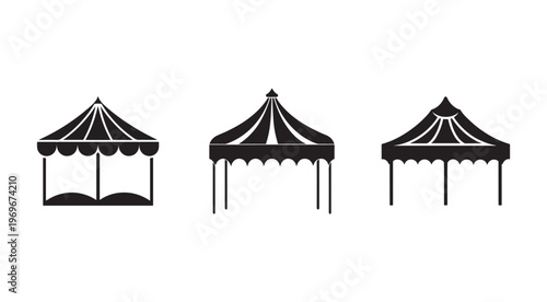 Three black and white illustrations of circus tents with different designs and shapes  carnival shelters  festival pavilions
