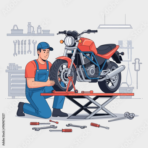 Mechanic repairing a motorcycle on a lift with tools in a workshop