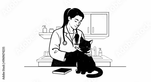 Veterinarian examining a black cat in an examination room