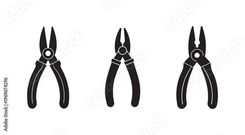 Three black and white illustrations of different types of pliers on white background  various pliers