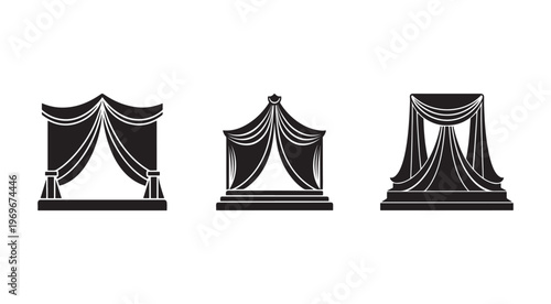 Three black and white illustrations of draped stages with curtains in different designs  theatrical backdrops for presentations or performances