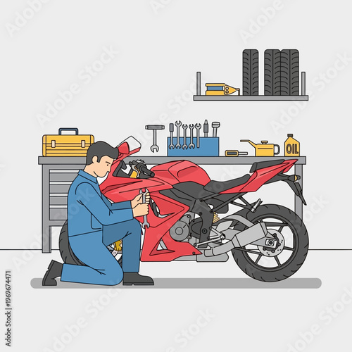 Mechanic repairing a red motorcycle in a workshop with tools and spare parts