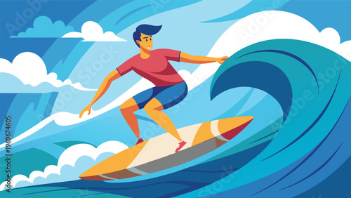 Surfer rides a large wave on a sunny day at the beach