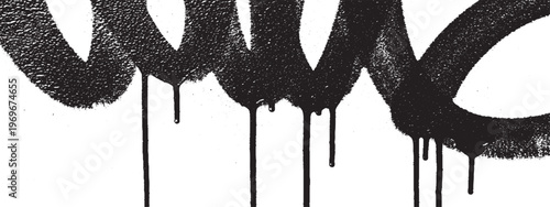 Black graffiti tag with drips on a textured white surface with spray paint street art paint stroke