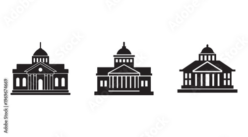 Three black and white illustrations of government buildings with columns and domes  iconic architectural silhouettes for design and decoration